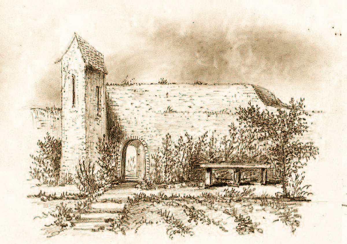 Poterne et tourelle quadrangulaire, dessin de François-Jules Dumas, 1845